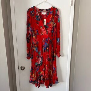 Anthropologie Midi Red Floral Faux Wrap Dress with Pockets! - 8